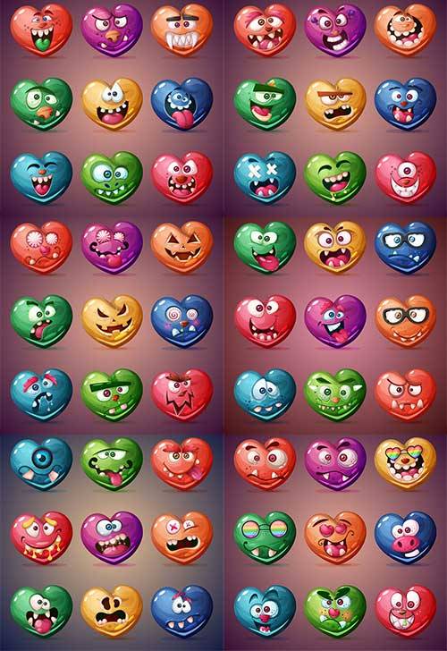  Набор смешных сердец-валентинок - Векторный клипарт / Set of funny valentines hearts - Vector Graphics
