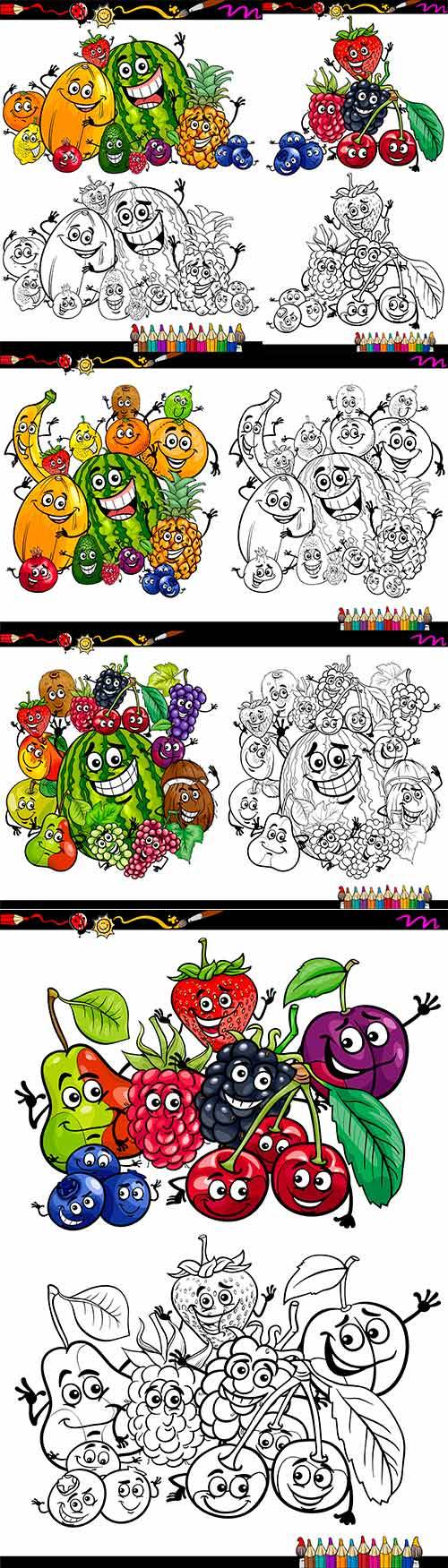 Фрукты и овощи. Раскраски для детей - Векторный клипарт