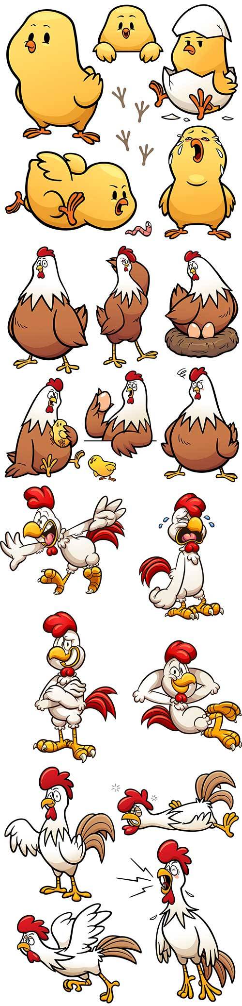 Петух, курица и цыплята - Векторный клипарт