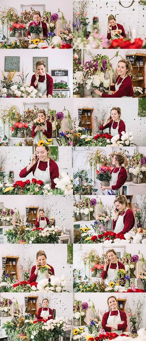 Девушка-флорист в цветочном магазине - Фотоклипарт