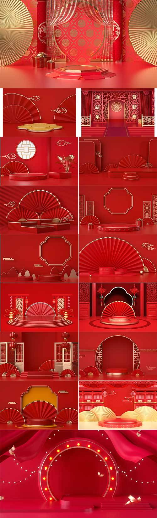 Подиум с элементами китайского стиля на красном фоне - Растровые фоны