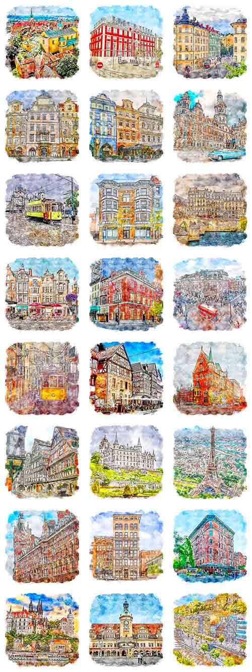 Эскизы городов мира в акварельных красках - Векторный клипарт