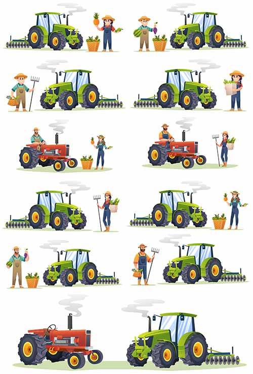 Фермеры работают на тракторе и убирают урожай - Векторный клипарт