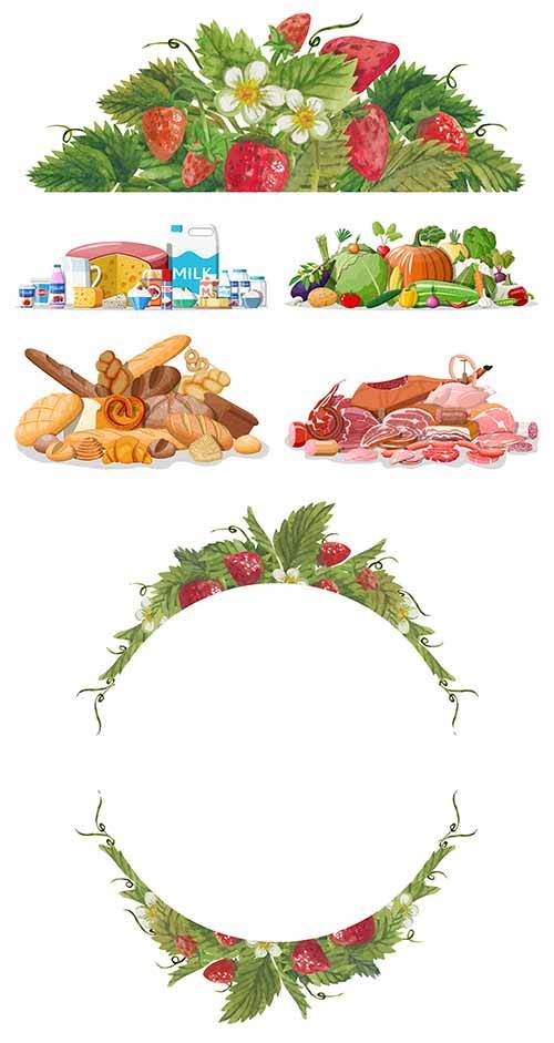 Клубника, мясо, хлеб, овощи и молочные продукты - Векторный клипарт