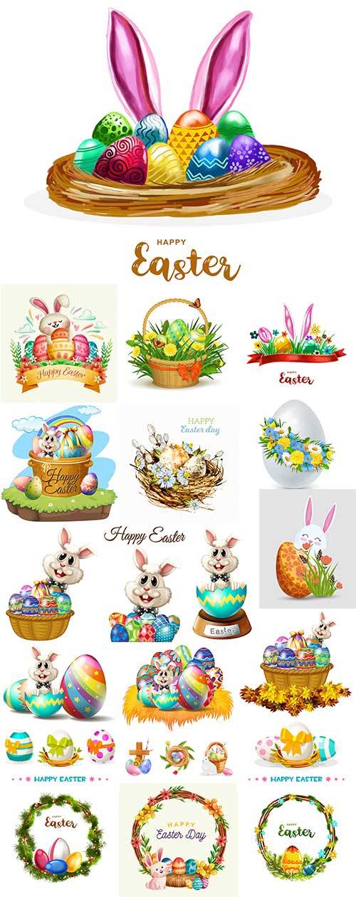 Пасхальные яйца, кролик и венки - Векторный клипарт