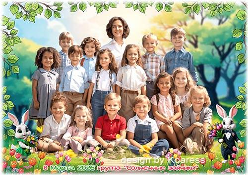 Шаблон детской фоторамки для фото группы к 8 Марта - Букеты к празднику